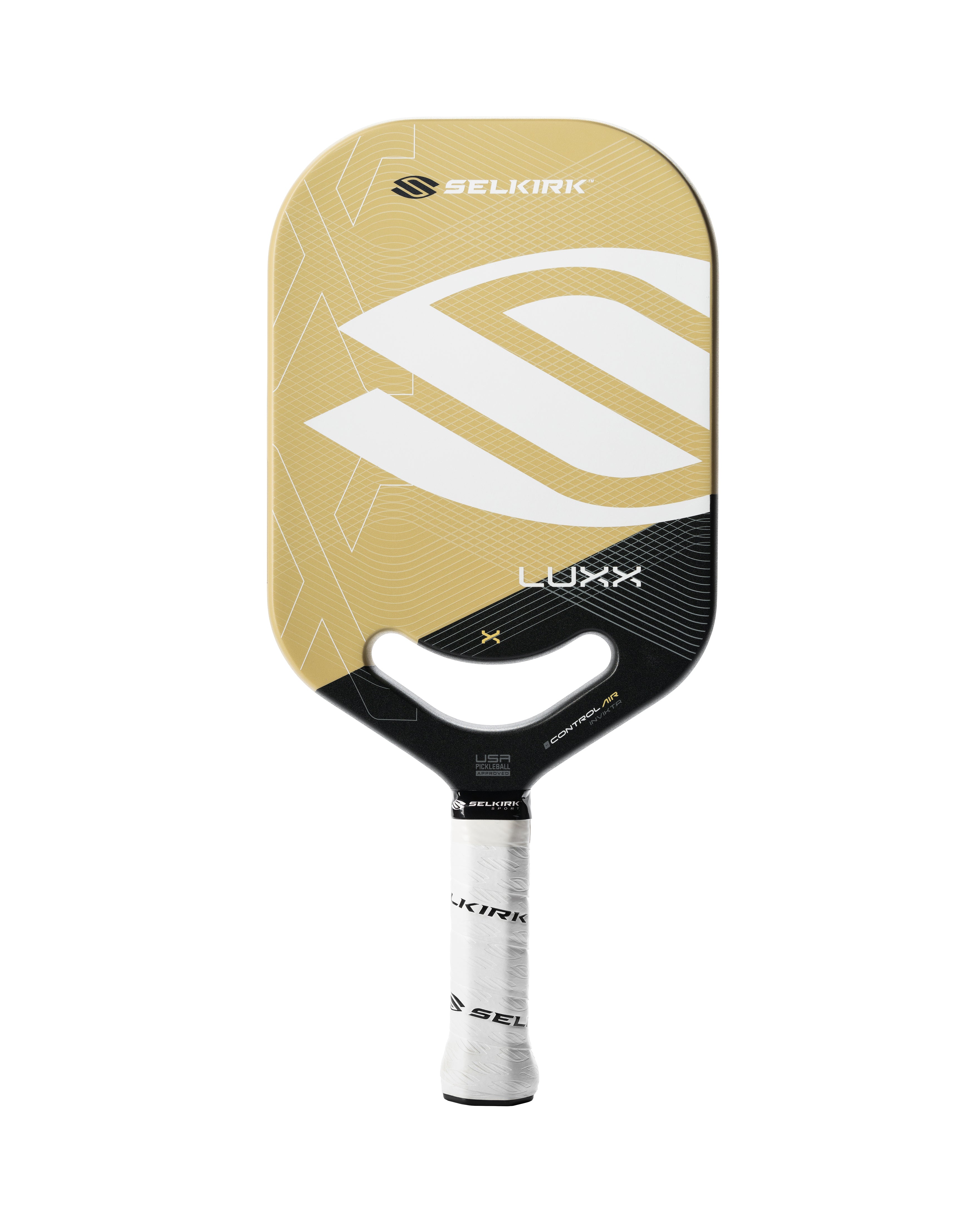 Selkirk Luxx Control Air Invikta Pickleball Paddle in gold with white handle.
