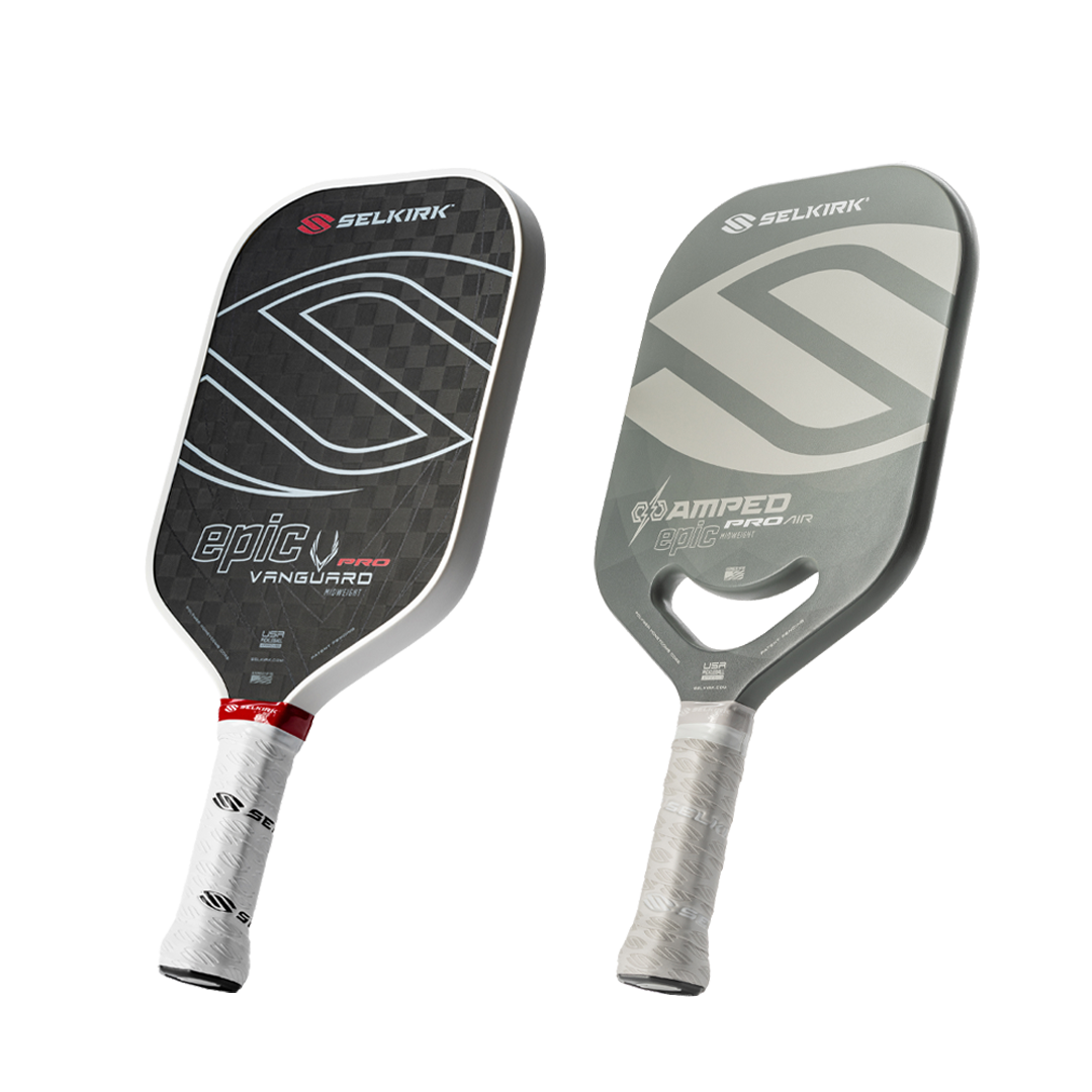 Two Selkirk Invikta Vanguard pickleball paddles, one with a carbon fiber face (left)
and the other with a fiberglass face (right), showcasing different designs.