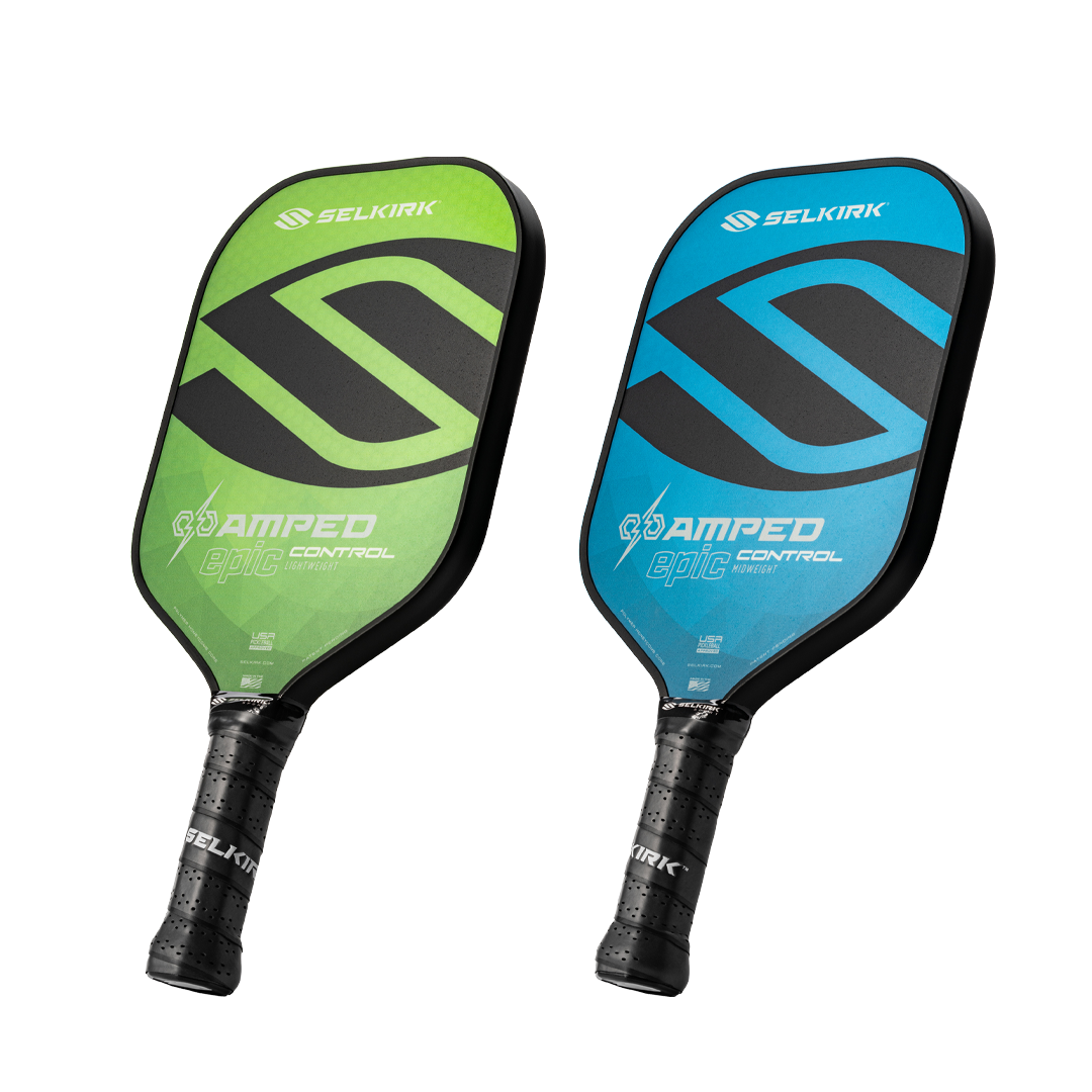 Selkirk Epic and Invikta Vanguard pickleball paddles, labeled as lightweight (left) and midweight (right),
showcasing different designs and color schemes.